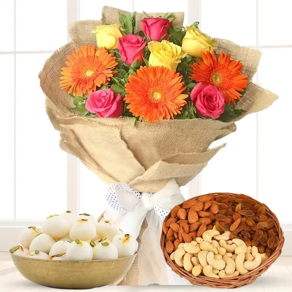 Roses & Gerberas Bouquet, Rasgulla & Dry Fruits