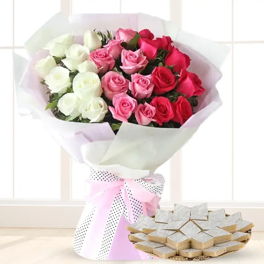Mixed Roses Bouquet with Kaju Katli