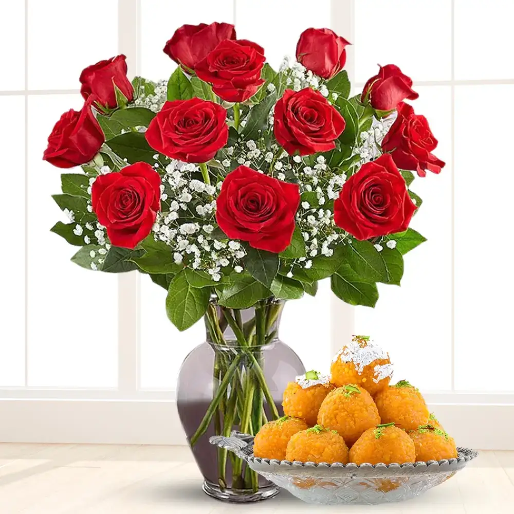 Red Roses Bouquet & Motichur Laddu