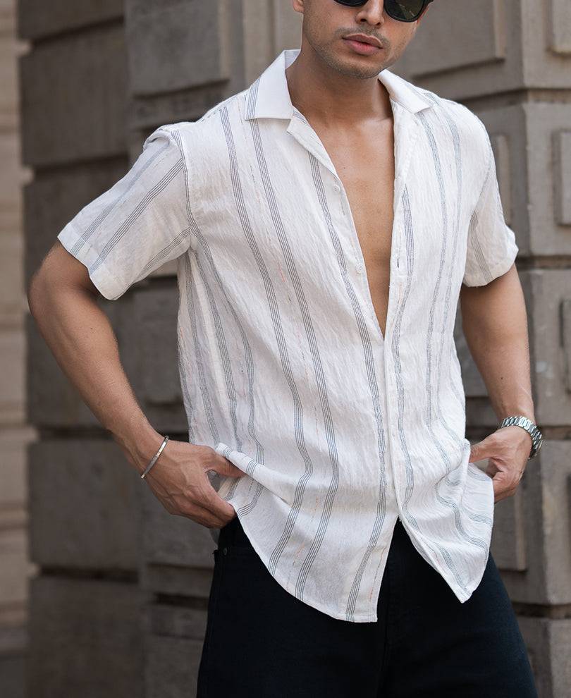 White Micro Striped Flowy Shirt Buy @ ₹499
