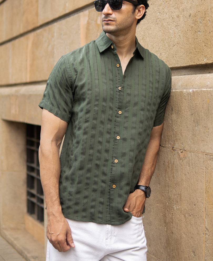 Olive Structured Self Striped Shirt Buy @ ₹299