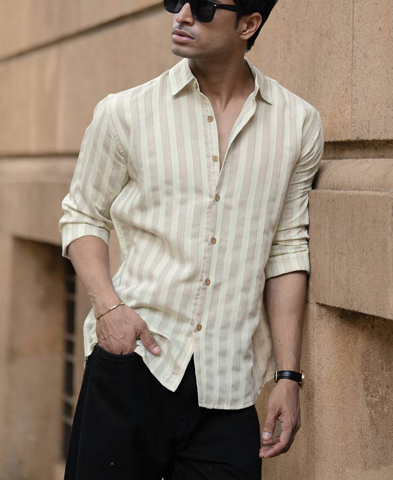 Beige Structured Self Striped Full Sleeves Shirt Buy @ ₹599