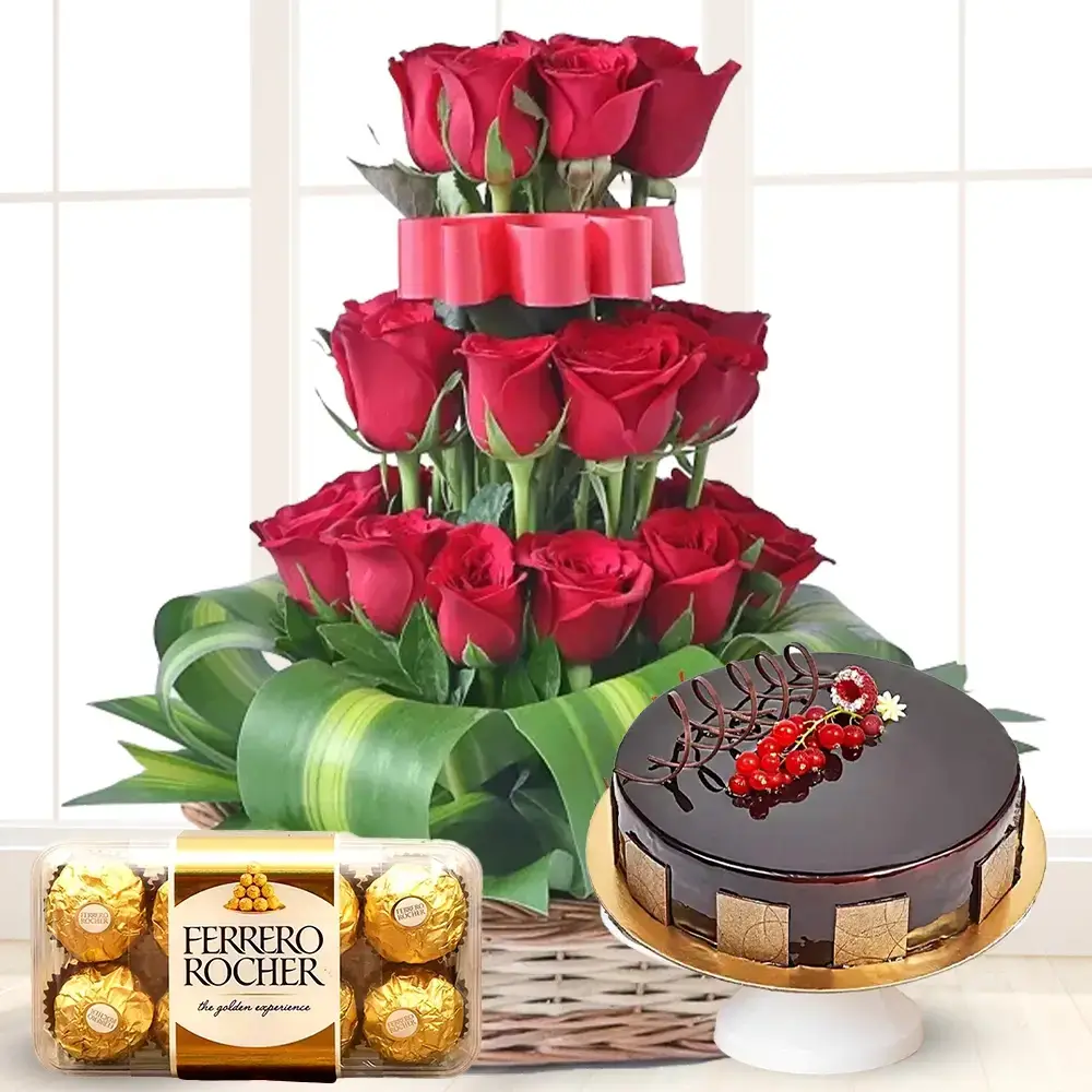 Red Roses in a Basket, Cake & Chocolate