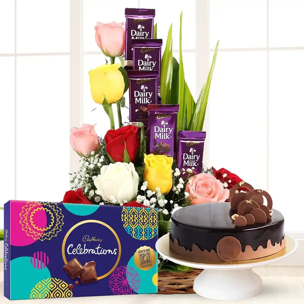 Mixed Roses & Chocolate in a Basket & Cake