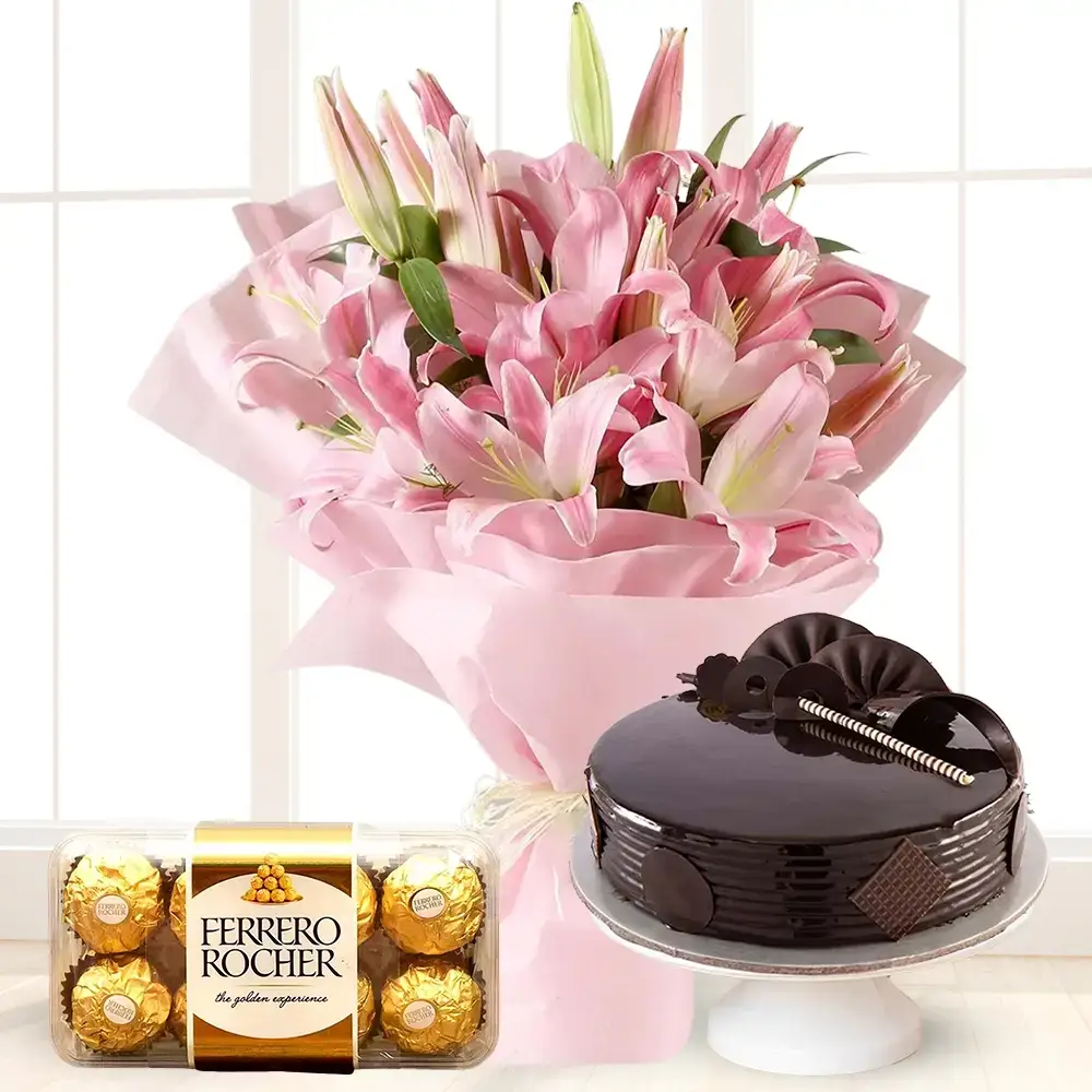 Bouquet of Lilies, Cake & Chocolate