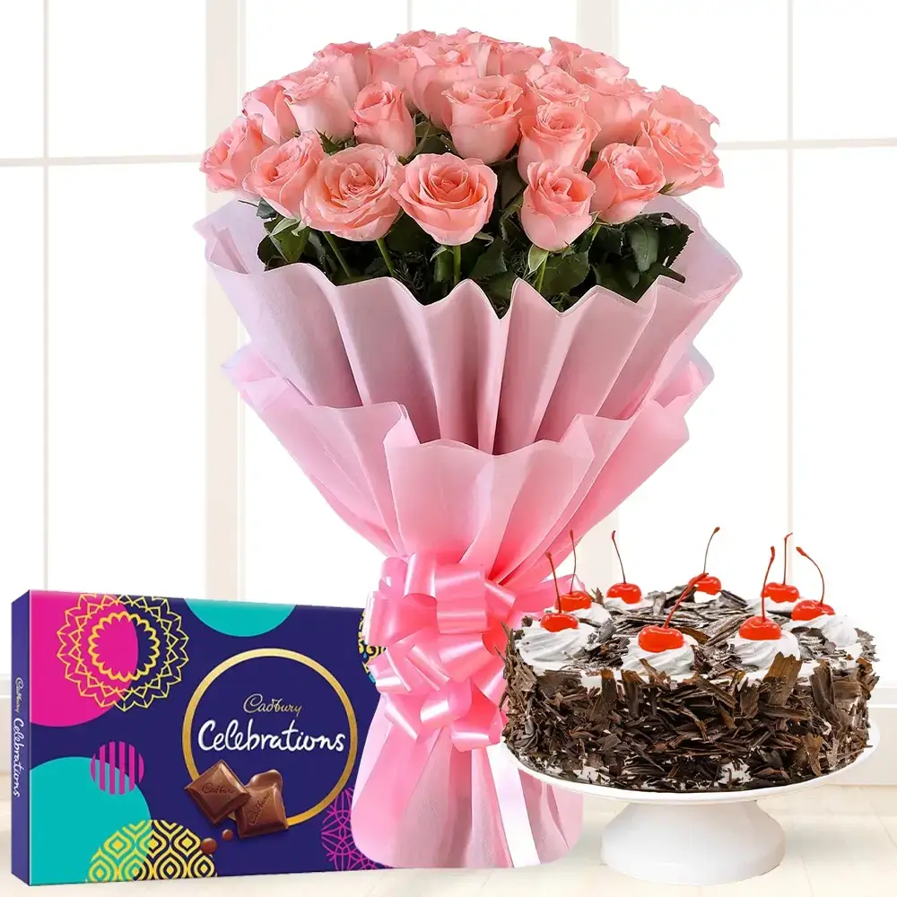 Pink Roses Bouquet With Cake & Chocolate