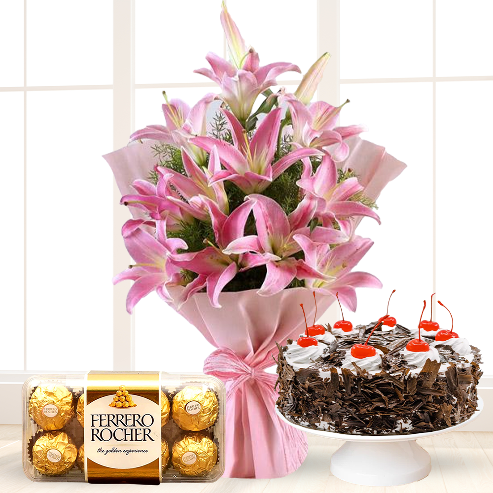 Bouquet of Pink Lilies, Cake & Chocolate