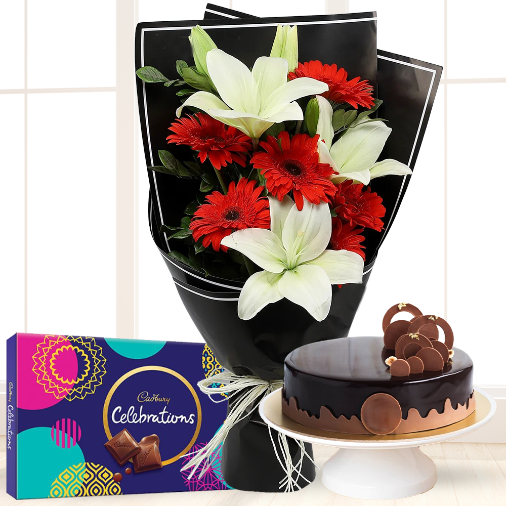 Lilies & Gerberas Bouquet, Cake & Chocolate