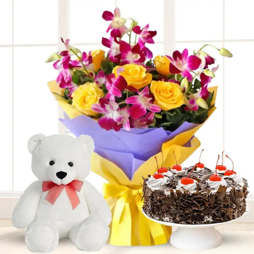 Bouquet of Roses & Orchids, Cake & Teddy