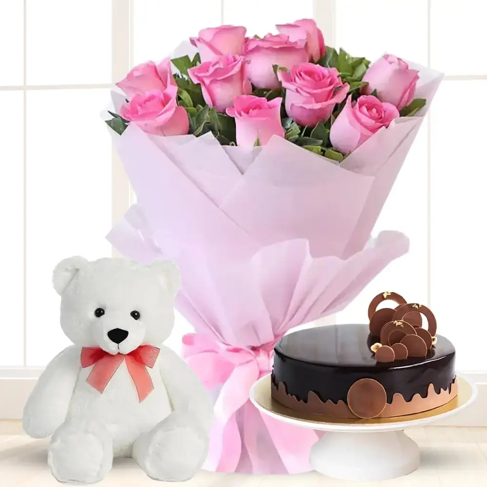 Roses Bouquet With Cake & Teddy