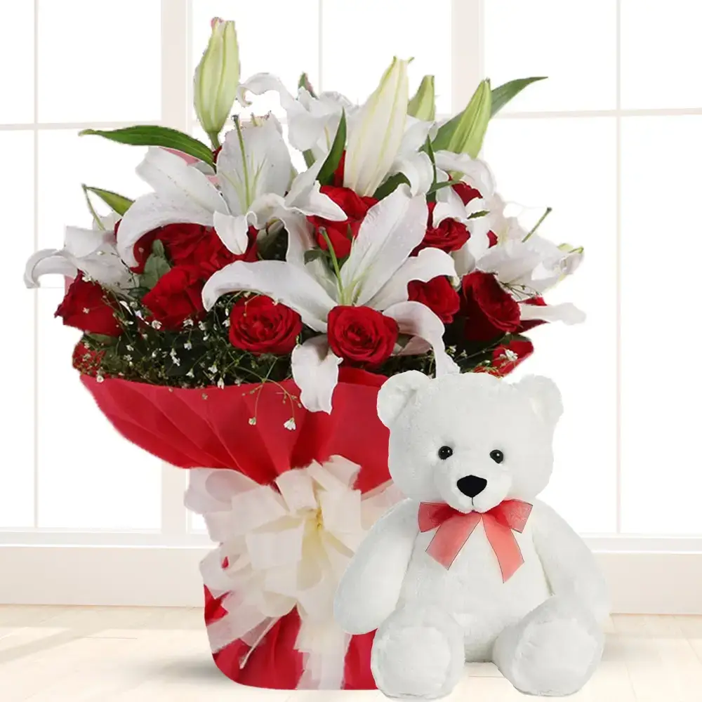 Bouquet of Lilies & Roses & Teddy