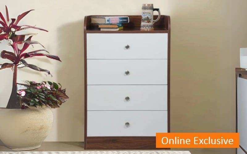 GUDSMITH Den Chest Of Drawer with  4 Drawer In Columbian Walnut & Frosty white Finish