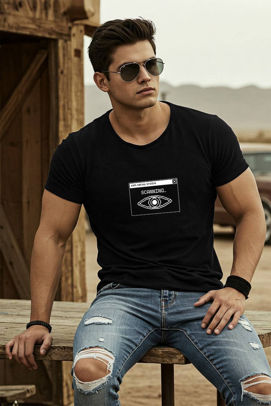 Scanning Black Regular Fit Printed T-shirt