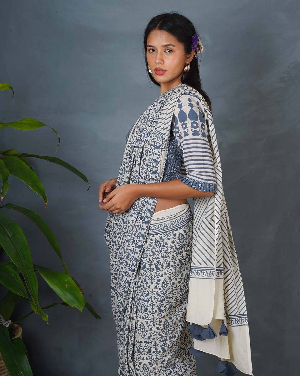 Haze Tide Ivory Block Printed Saree - BMS