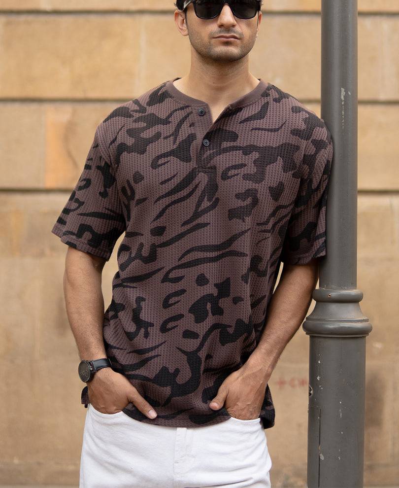 Coffee Brown Printed Henley T-Shirt Buy @ ₹599
