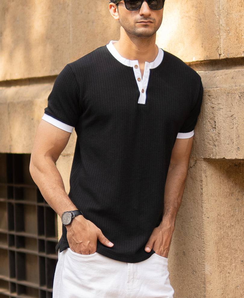 Black Contrast Henley T-Shirt Buy @ ₹499