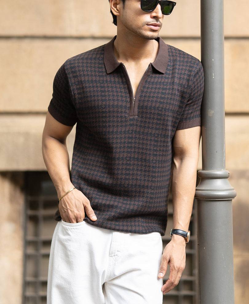 Dark Brown Knitted Houndstooth T-Shirt Buy @ ₹999