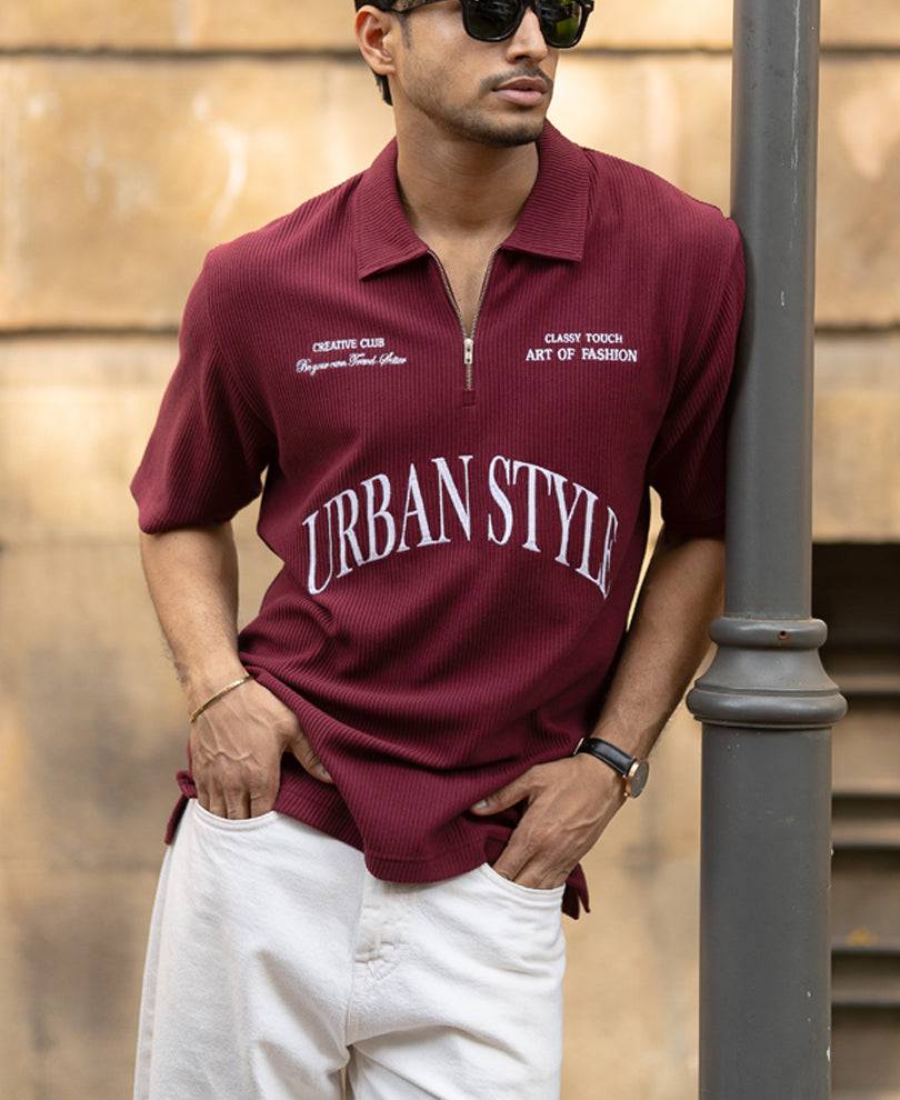 Wine Embroidered Zipper Polo T-Shirt Buy @ ₹699