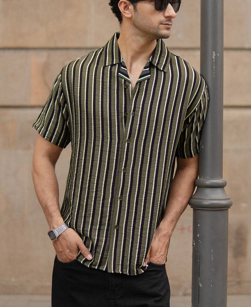Olive Striped Flowy Shirt Buy @ ₹399