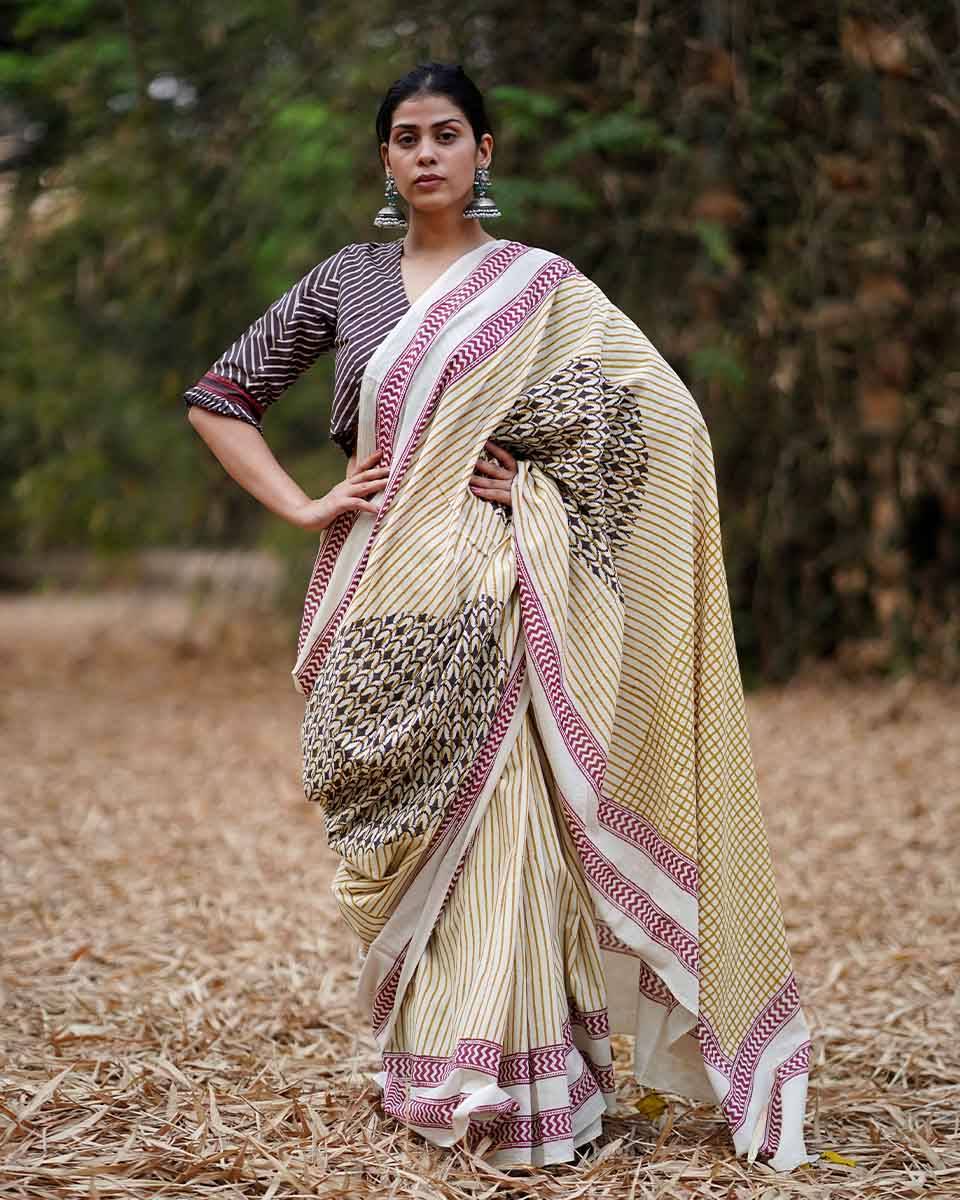 Lehraata Sa Ivory Hand Block Printed Cotton Saree - WW