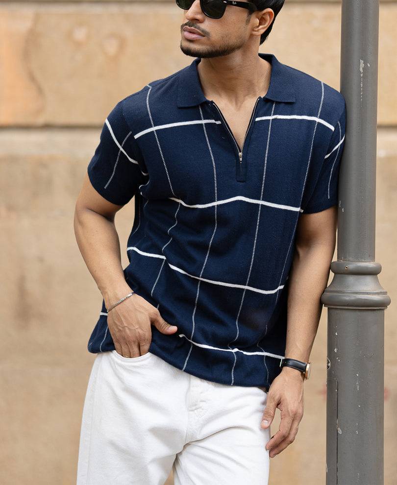 Navy Knitted Checks T-Shirt Buy @ ₹499