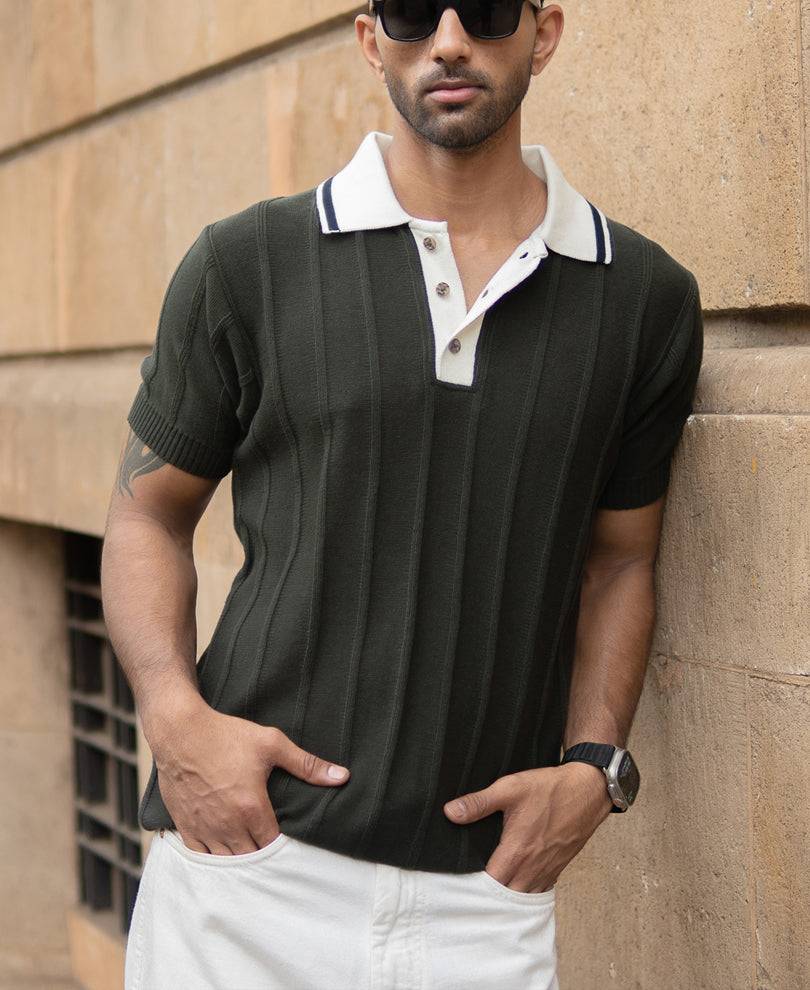 Olive Contrast Collar Knit T-Shirt Buy @ ₹999