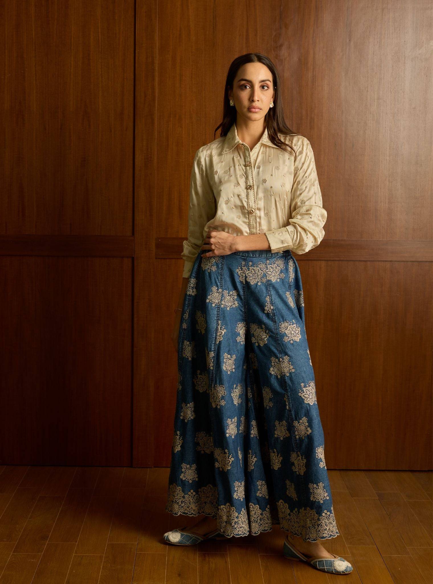 Mireya Cupro Satin Denim Sharara Set