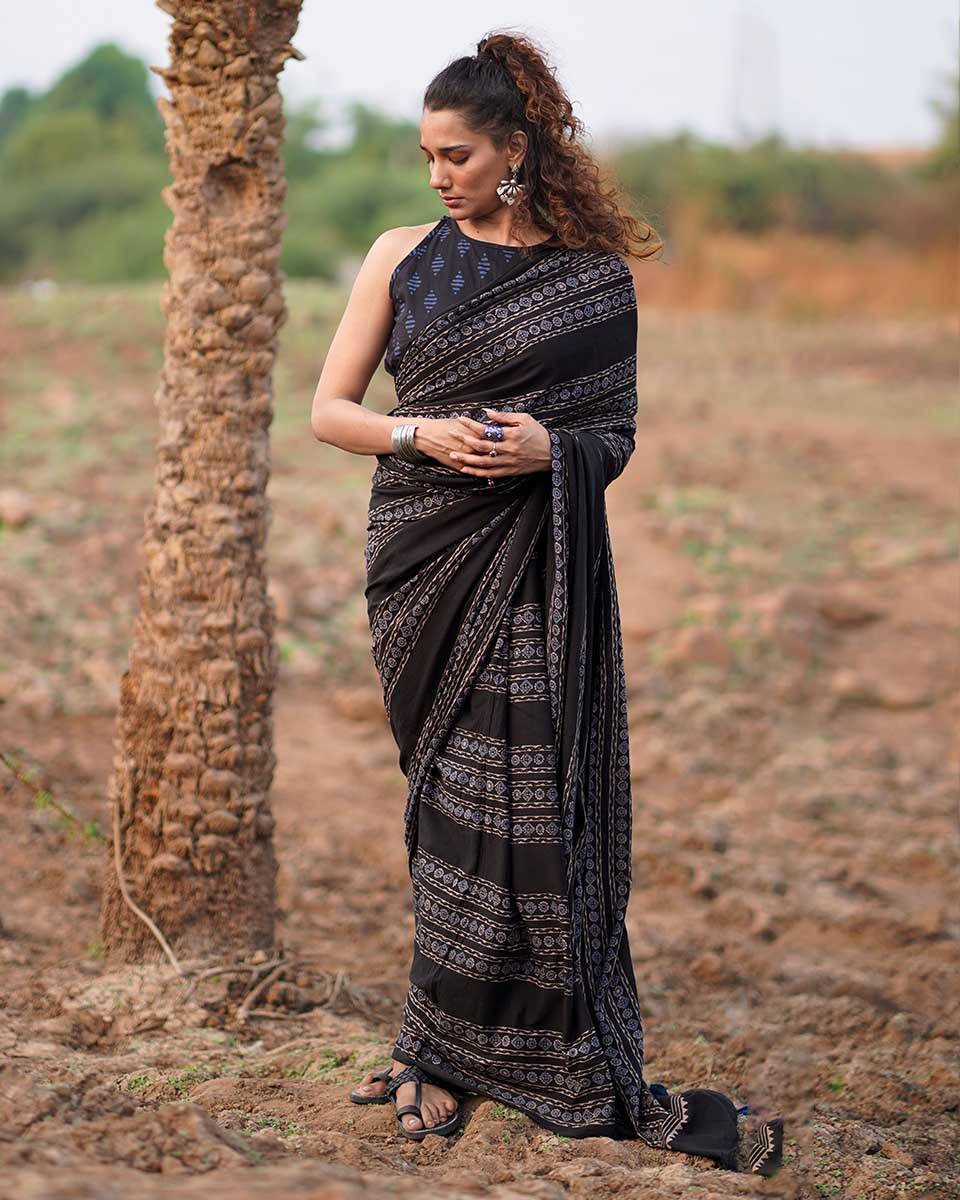 Open Field Blockprinted Cotton Saree-WWB