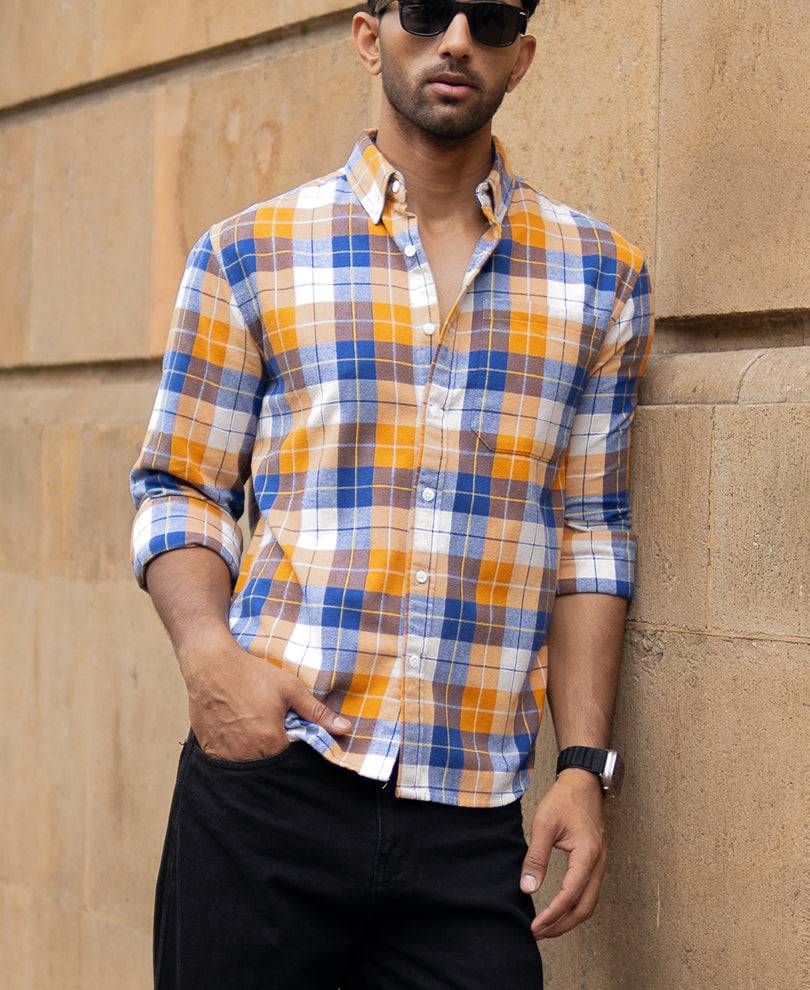 Ochre And Blue Checks Shirt Buy @ ₹999