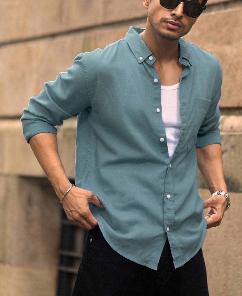 Dusty Blue Linen Blend Shirt Buy @ ₹1299