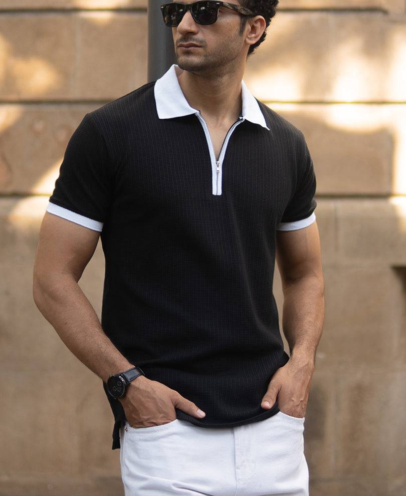 Black Knit Contrast Polo T-Shirts Buy @ ₹499