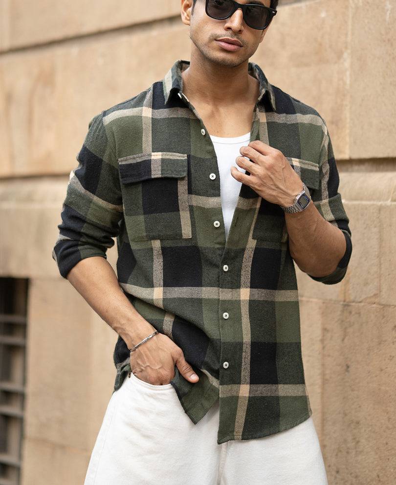 Olive Brushed Checks Shirt Buy @ ₹1199