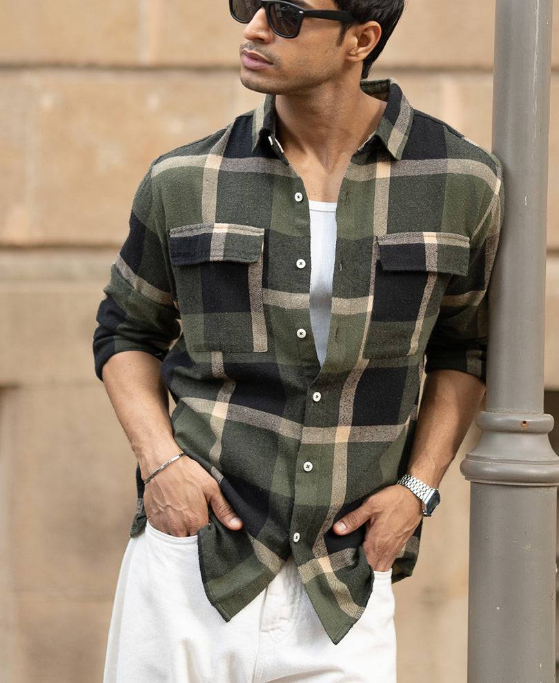 Olive Brushed Checks Shirt Buy @ ₹1199