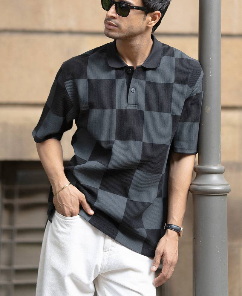 Grey Printed Checks Polo T-Shirt Buy @ ₹899