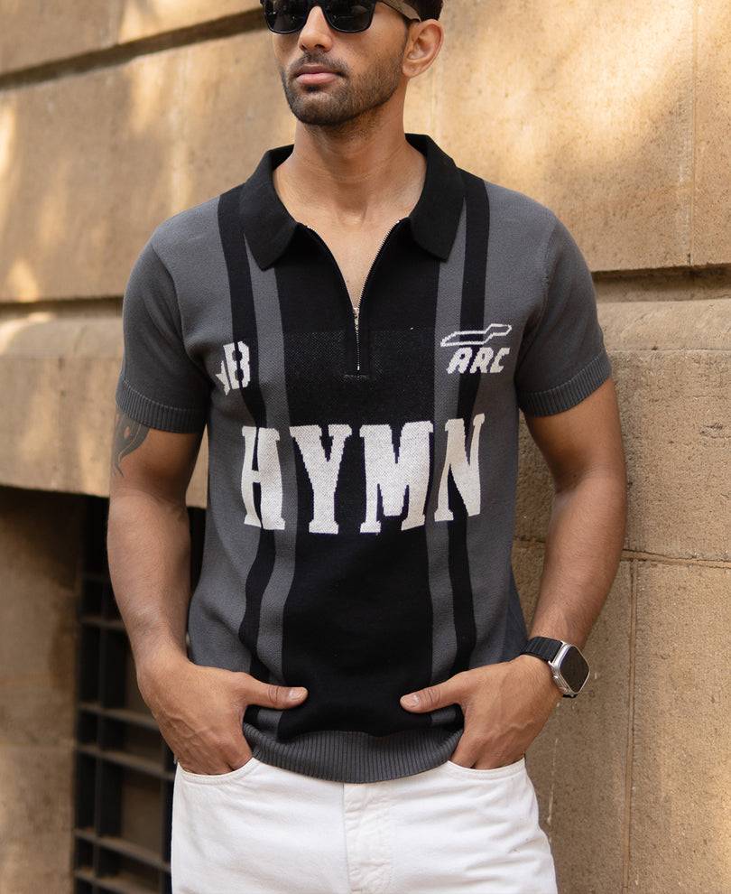 Grey Jacquard Half Sleeves Knit Polo T-Shirt Buy @ ₹799