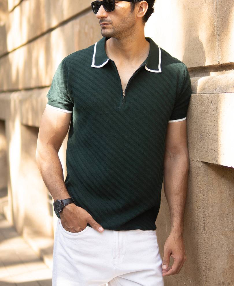 Bottle Green Diagonal Knit T-Shirt Buy @ ₹699