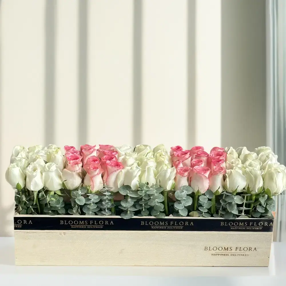 Pink & White Roses in Wooden Box