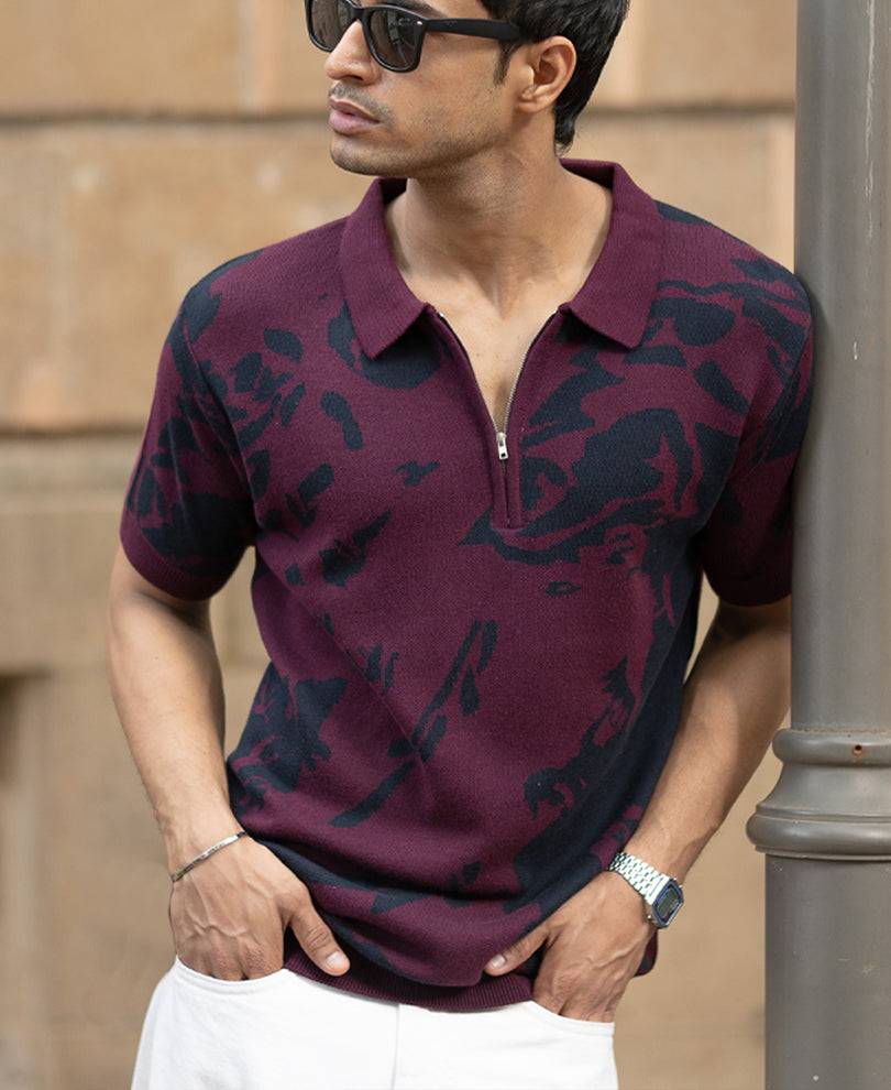 Wine Abstract Knit Polo T-Shirt Buy @ ₹999