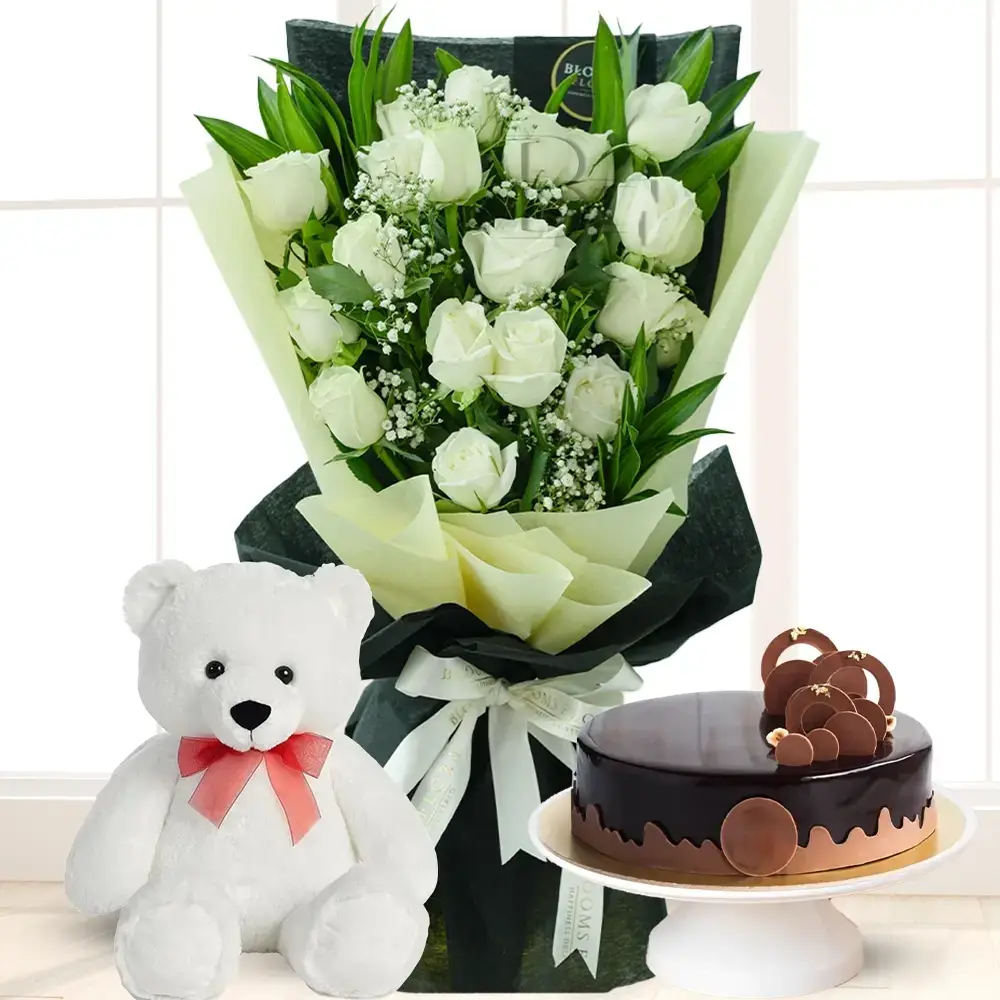 White Roses Bouquet With Cake & Teddy