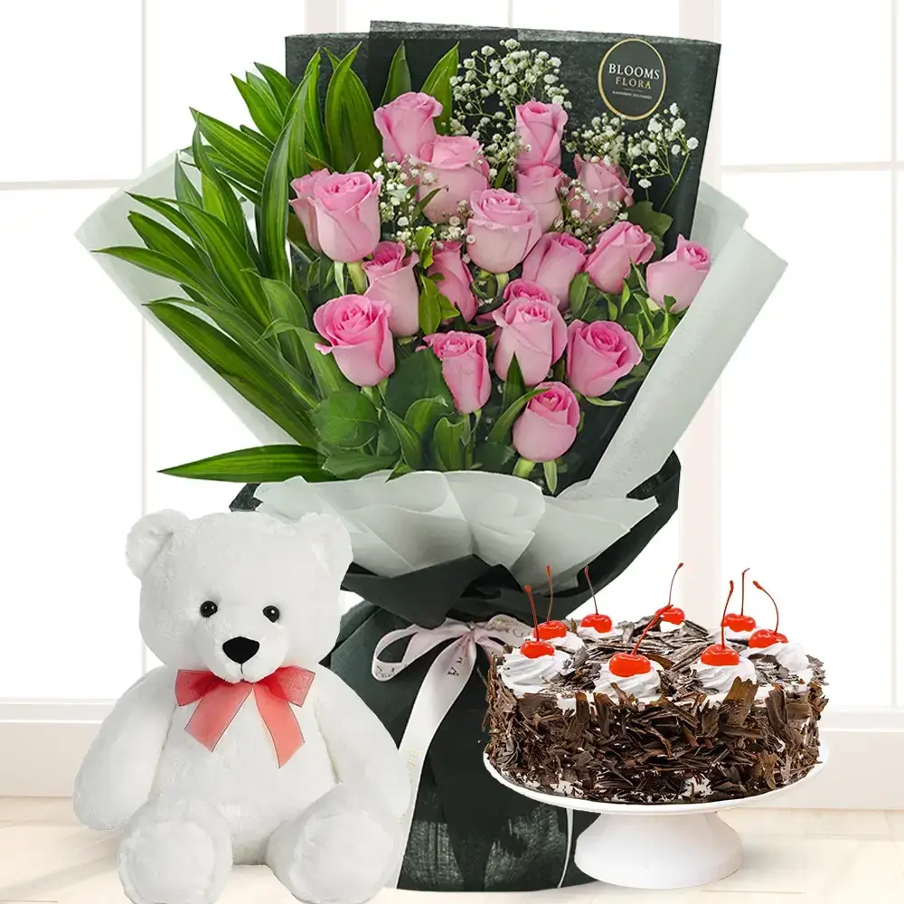 Bouquet of Pink Roses, Cake & Teddy
