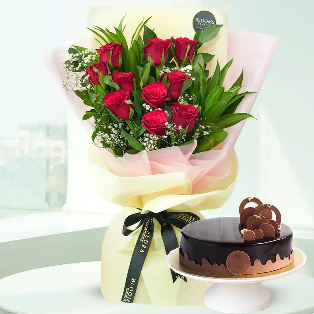 Red Roses Bouquet & Chocolate Cake