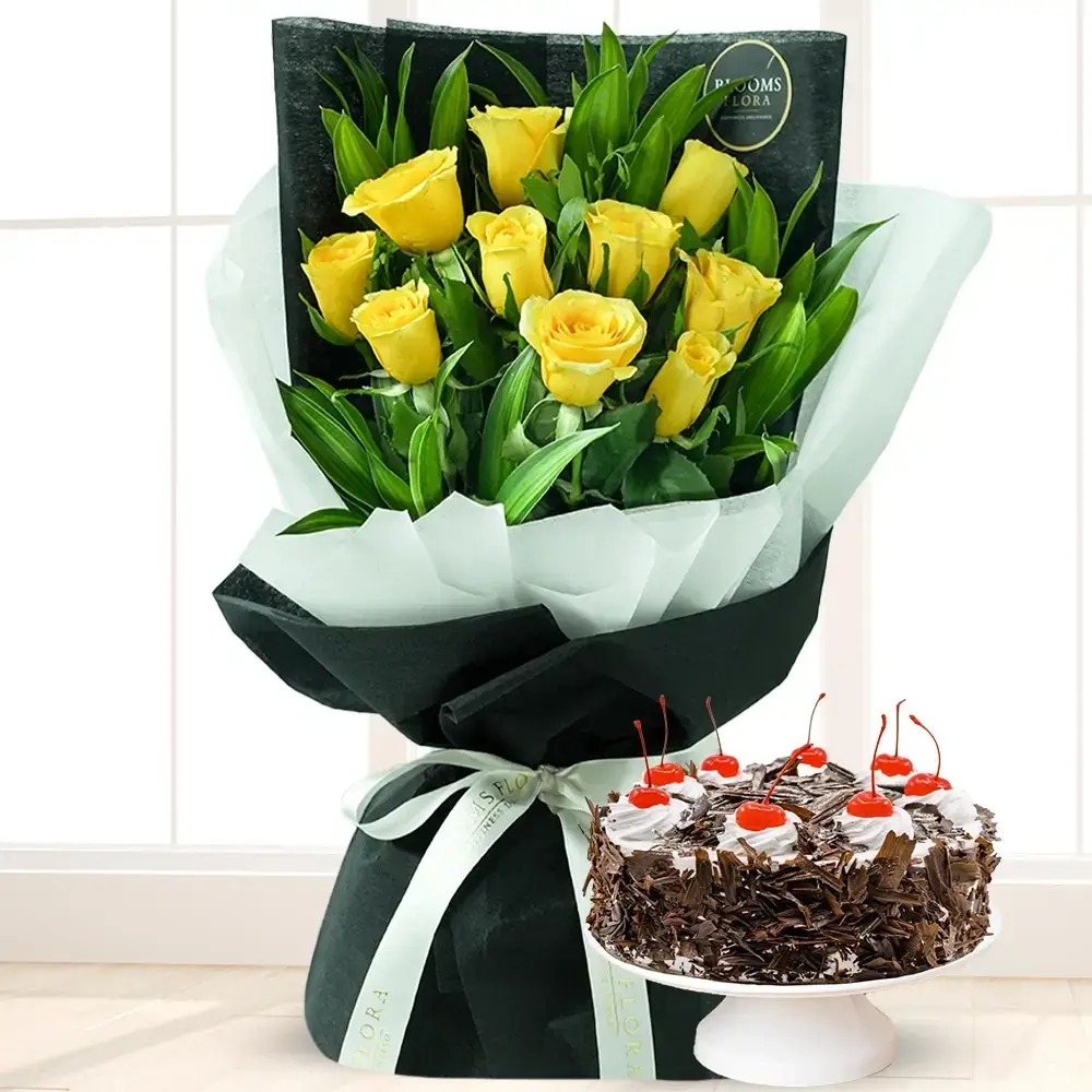 Bouquet of Yellow Roses & Cake