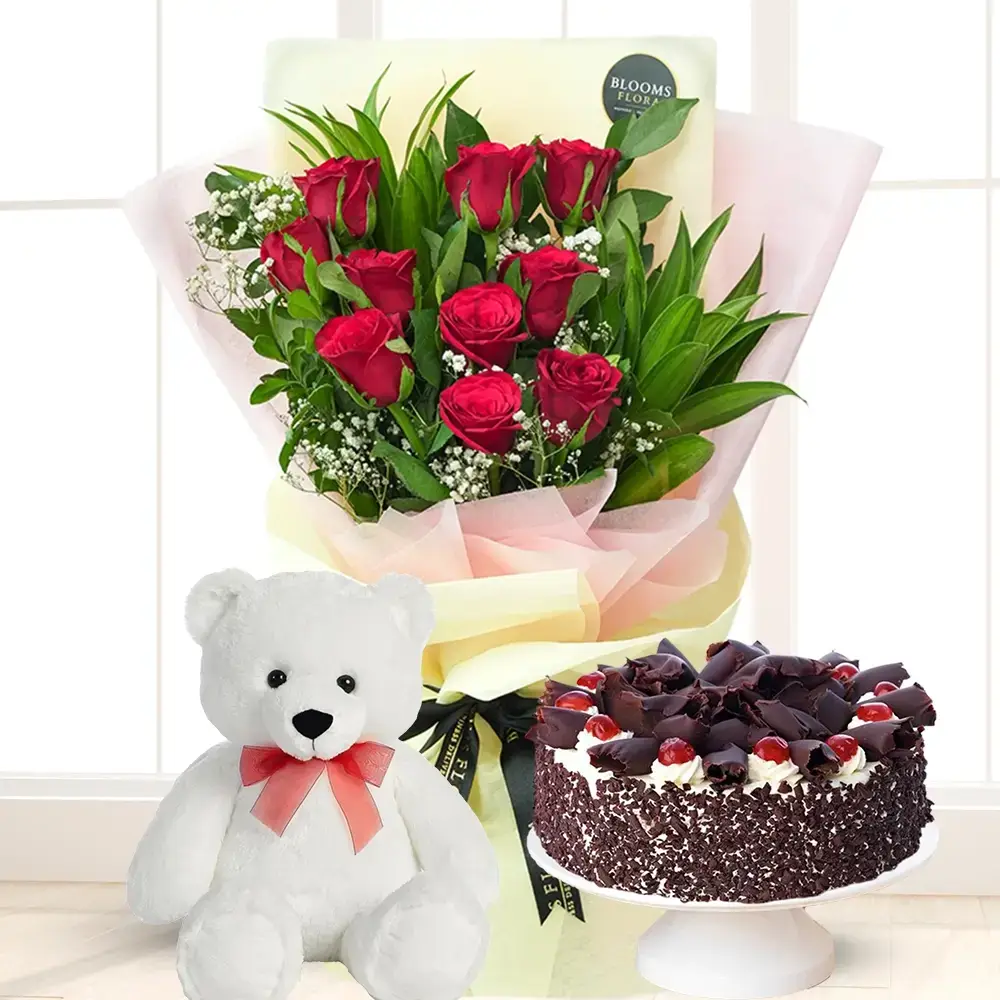 Red Roses Bouquet With Cake & Teddy