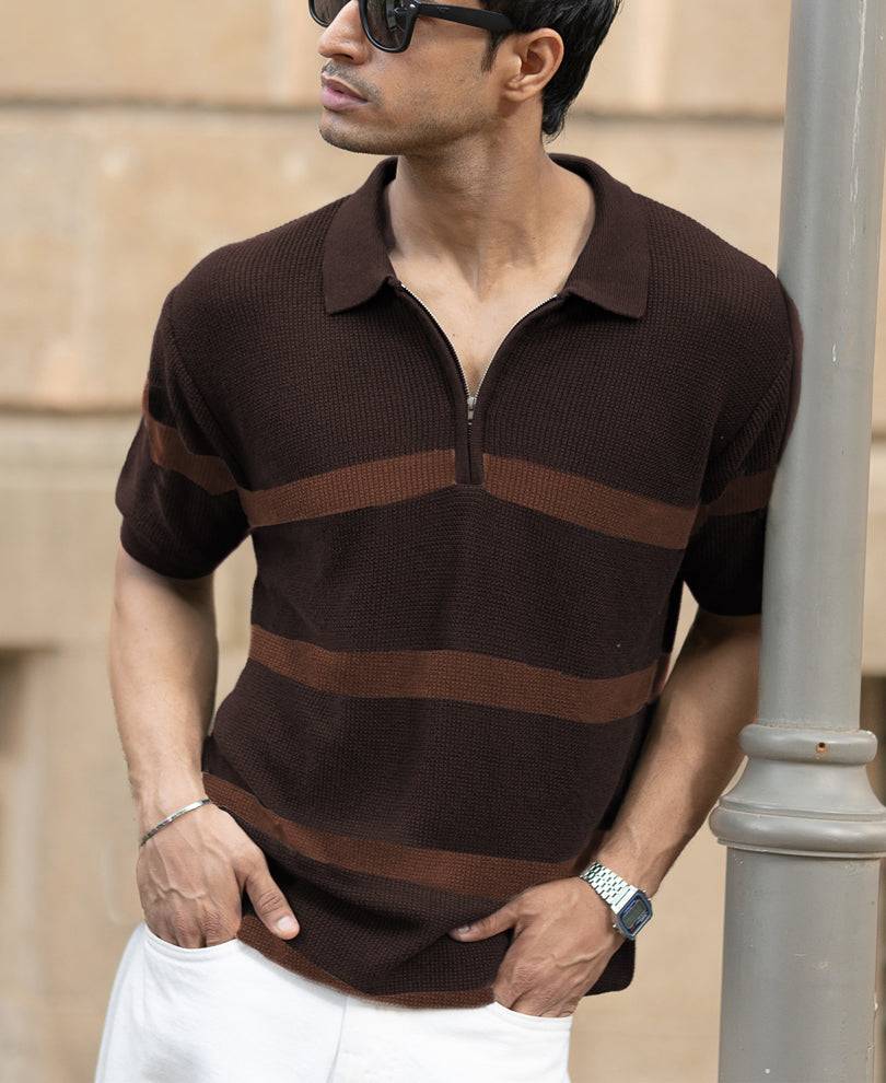 Coffee Brown Striped Knit T-Shirt Buy @ ₹499