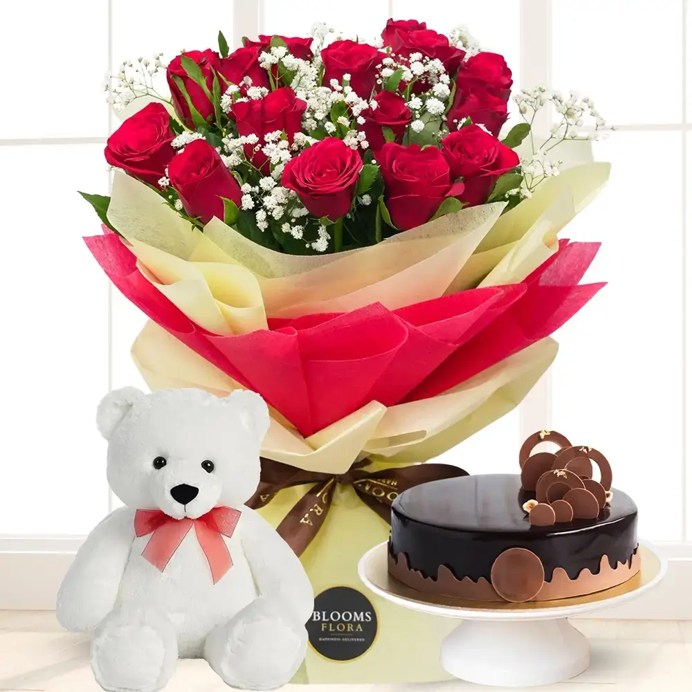 Red Roses Bouquet, Cake & Teddy