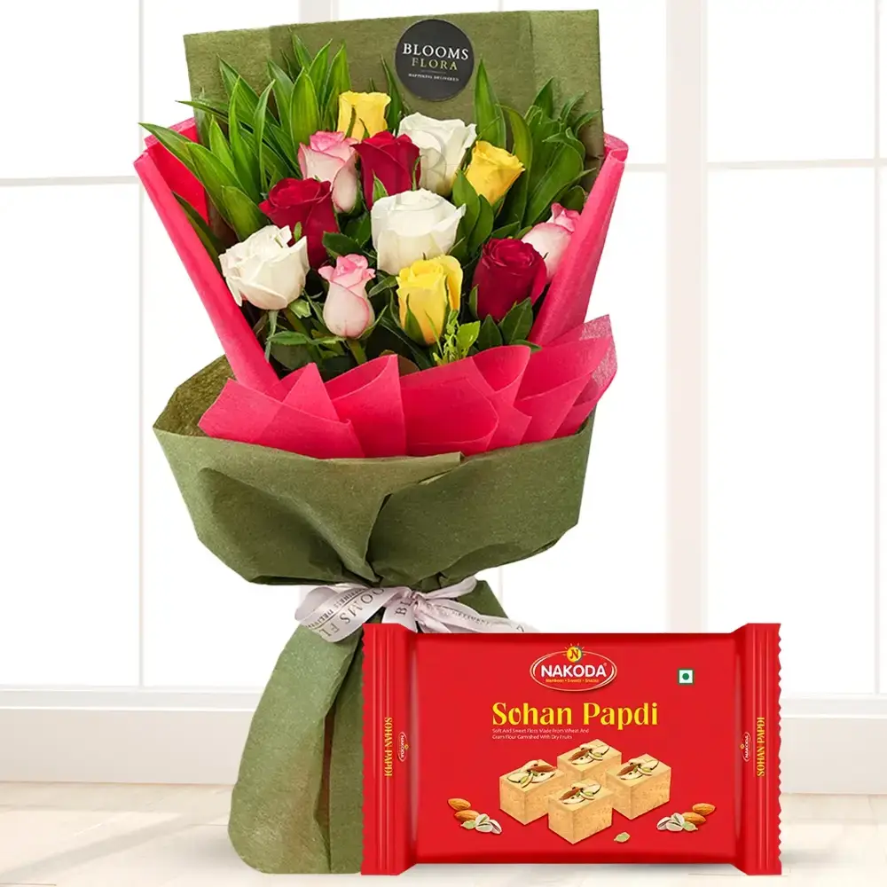 Mixed Roses Bouquet With Soan Papdi
