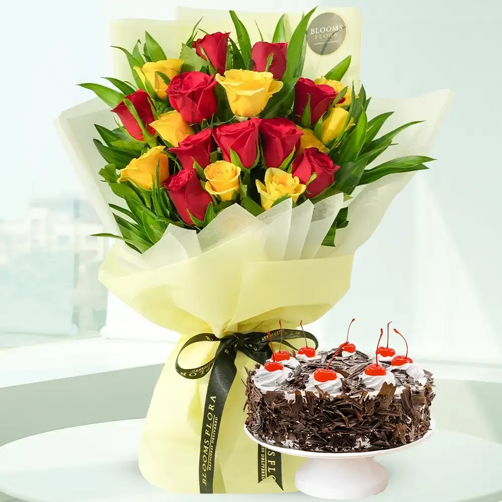 Bouquet of Red & Yellow Roses & Cake