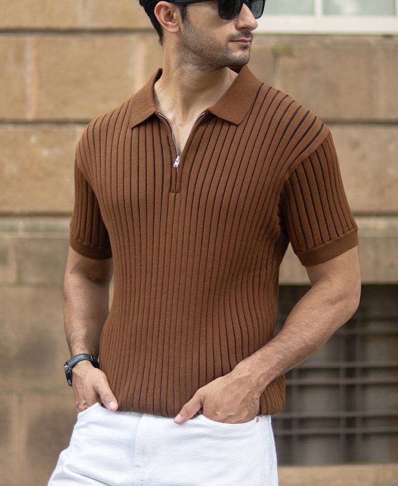 Brown Striped Knit Polo T-Shirt Buy @ ₹799