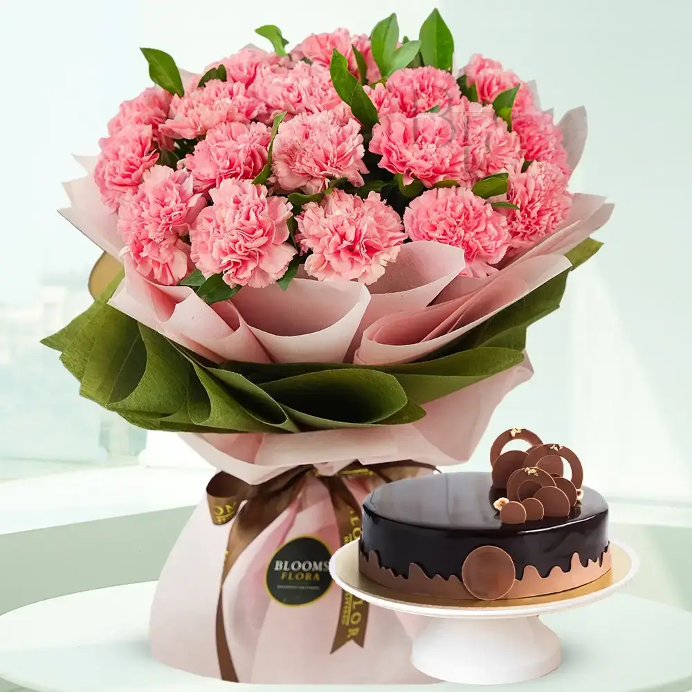Sweet Pink Carnations & Chocolate Cake