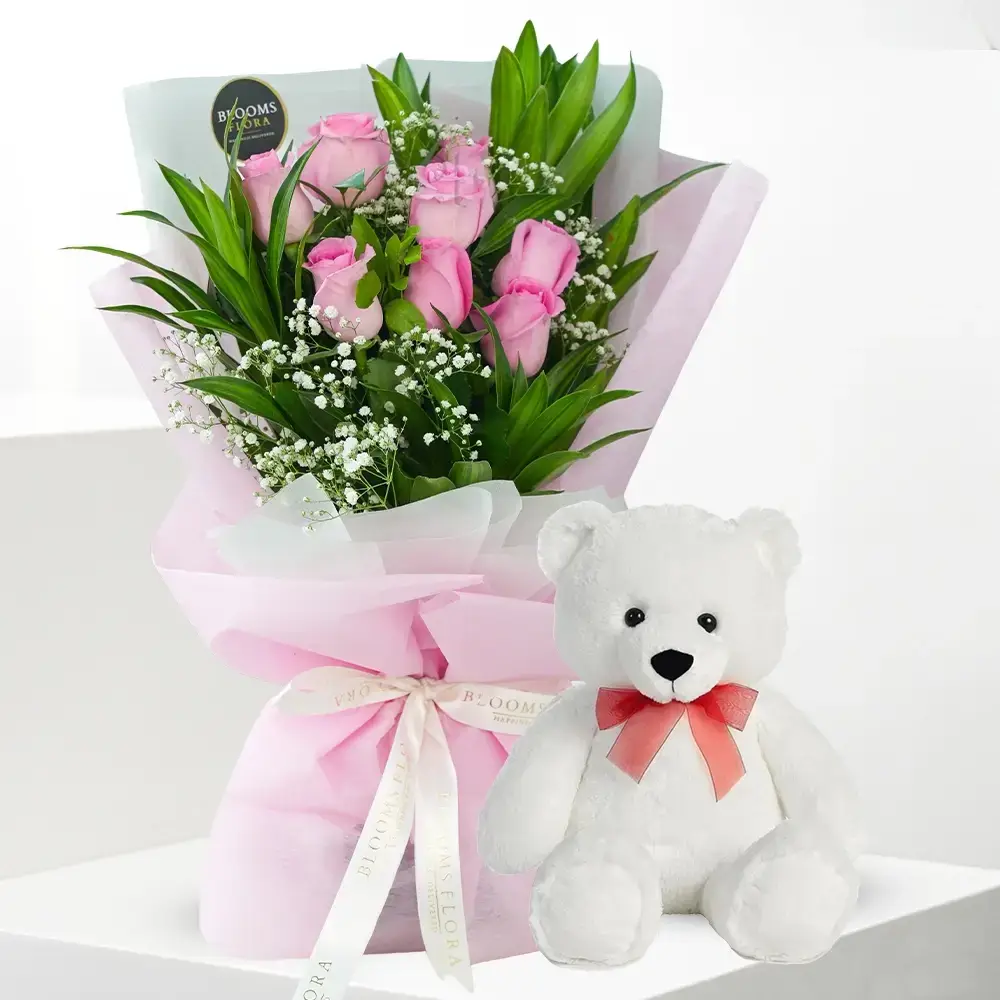 Pink Roses Bouquet With Teddy